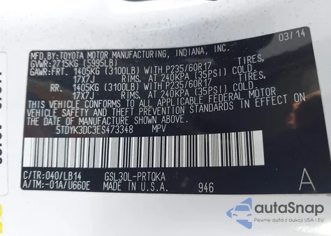 2014 Toyota Sienna Xle V6 8 Passenger z USA, uszkodzony, nr VIN 5TDYK3DC3ES473348